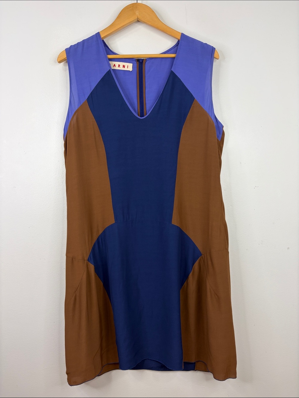 Marni Dress Womens 44 XL Blue Brown Colorblock Sleeveless V Neck Shift Chiffon